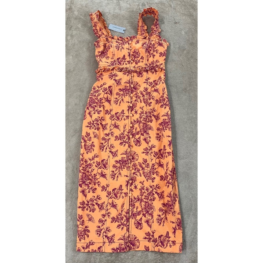 Anthropologie The Linden Slim Square Neck Dress Womens 2XS Orange Floral AOP EUC